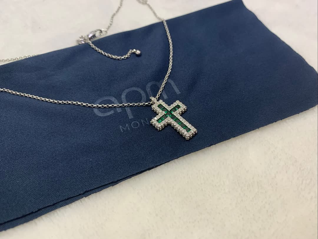 APM Monaco Elegant Green Cross Pendant Necklace
